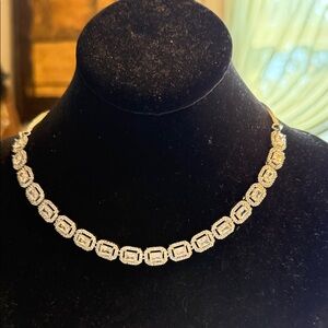 Silvertone square baguette cubic, necklace, tennis style on serpentine chain